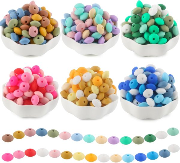 Sunrony 300Pcs Silicone Lentil Beads for Keychain Making,Bulk Mixed Color 12mm Silicone Abacus Spacer Beads for Necklace Bracelet Making Pens (Mixed 300Pieces)